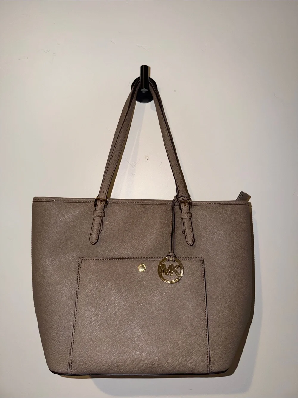 Michael Kors Taupe Leather Saffiano Tote with Gold Charm like new